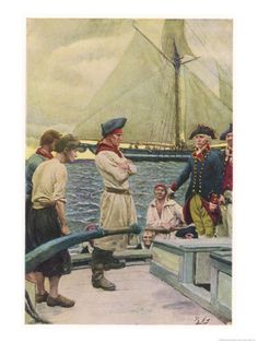 an old painting of men on a boat talking to another man who is wearing a hat