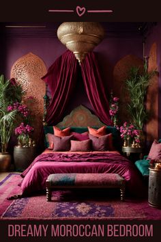 Dive into a luxurious Moroccan bedroom sanctuary awash in regal purples, teals, and golds. The walls, the epitome of Moroccan wall decor, showcase exquisite detailing and artistry. A resplendent pendant light casts a golden glow, enhancing the intricate patterns on the walls. Sumptuous drapes, plush cushions, and a rich rug complete the look, exuding warmth and elegance. A true testament to the magic of Moroccan wall art and decor, this bedroom is where dreams are woven Sunset Bedroom, Moroccan Inspired Bedroom, Moroccan Wall Decor, Bedroom Sanctuary, Moroccan Bedroom, Theme Bedroom, Indian Theme, Moroccan Wall, Purple Bedroom