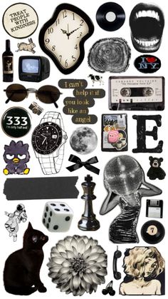 a collage of various objects including a clock, dice and other items on a white background