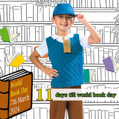 a young boy wearing a blue vest and hat standing in front of bookshelves