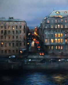 an oil painting of some buildings by the water at night with lights reflecting off them