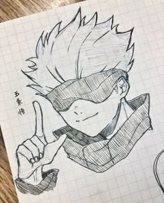 a drawing of gohan holding a knife and fork on top of a piece of paper