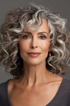 Create a look by styling romantic ringlets with a deep side parting. The deep side part adds volume. Click here to check out more flattering curly hairstyles for women over 60. Gray Curly Bob, Diamond Face Haircut, Curly Long Bob, Medium Curly Bob, Curly Hair Side Part, 3a Hair, Deep Side Part, Mom Hair