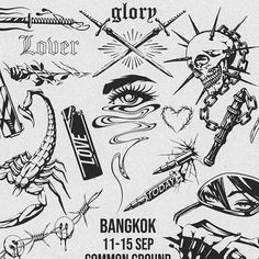 an advertisement for the tattoo convention with various designs and words on it, including symbols