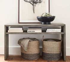 two baskets under a table with books on it