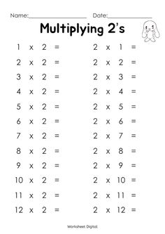 the printable worksheet for multiplying 2's with two numbers