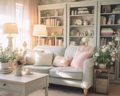 a living room filled with furniture and flowers