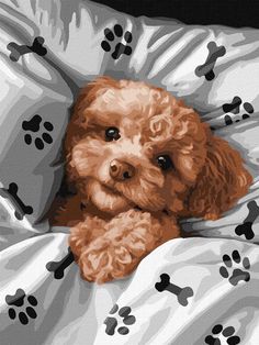 a dog laying in bed under a blanket with his paw prints on the covers and pillow