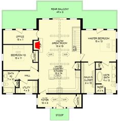 the first floor plan for a home with two separate rooms and an attached garage area