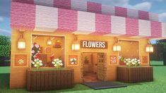 a small building with flowers on the outside and lights on inside, in an animated environment