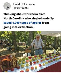 an old man standing in front of a table with apples on it and the caption reads, thinking about this hero from north carolina who single - handed saved 1, 200 types of apples