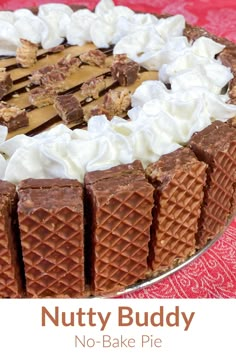 Close up Nutty Buddy no bake pie surrounded by Nutty Buddy bars Nutty Bars Dessert, Nutty Buddy Cheesecake Recipe, No Bake Nutty Buddy Pie, No Bake Cakes 4 Ingredients, No Bake Christmas Crunch Cake, Nutty Butty Cheesecake, Nutty Buddy Ice Cream Cake, Peanut Butter Buddy Bars, Nutty Buddy Cake Recipe