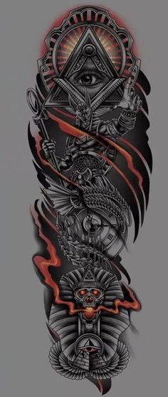 an arm sleeve with tattoos on it and the eye in the center is surrounded by flames