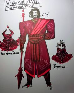 a drawing of a man in red and black clothing with words describing his role as the vampire prince