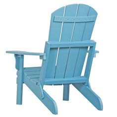 a blue plastic adiron chair with arms and foot rests on an isolated white background