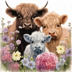 three cows are standing in a field of flowers