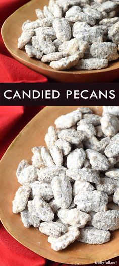 two plates filled with powdered pecans sitting on top of a red cloth next to each other