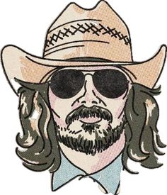 a drawing of a man with long hair wearing a cowboy hat and sunglasses on his face