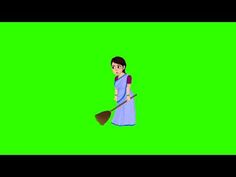 a woman in a blue dress is sweeping the floor with a broom on green screen