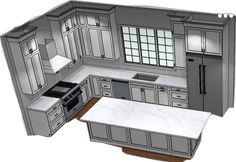 a drawing of a kitchen with an island in the middle and cabinets on both sides