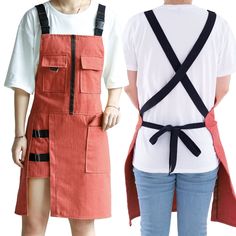 two people standing next to each other wearing aprons and overalls with suspenders