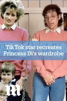 three people standing next to each other in front of a wall with the words tik tok star recreties princess di's wardrobe