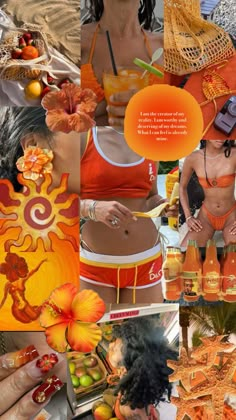 a collage of photos with oranges, flowers and other things in them that include fruit