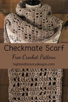 a crocheted scarf with the text, checkmate scarf free crochet pattern