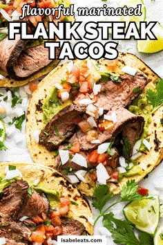 flank steak tacos with cilantro, red onion and lime on the side