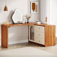 Our makeup vanity table, displaying a white drawer finishing contrasted with walnut textures, adds a touch of modernity to any room. The cabinet's innovative acrylic door design enhances its charm and elegance. This retractable dressing table is great to work as a multi-purpose desk. You can place this desk set in your bedroom as a vanity table, or place it in your office as a computer desk. Latitude Run® Color: Brown | Latitude Run® Makeup Vanity Desk, Large Vanity Dressing Table w / Reversible Makeup Vanity And Desk Combo, Makeup Vanity In Bedroom, Desk And Vanity In One, Desk/vanity Combo, Desk With Cabinets, Desk And Vanity, Makeup Corner, Bedroom Vanity Desk, Walnut Texture