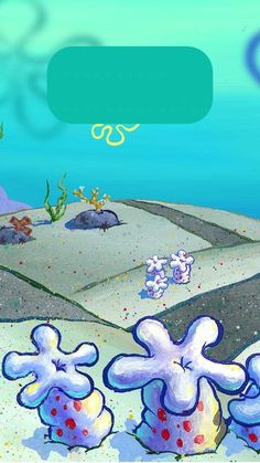 an image of a cartoon scene with blue and white flowers in the foreground, under water