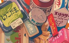 some food and drinks are laying out on the ground with japanese characters in the background