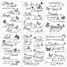 six different types of butterflies and words on white paper with black ink, each one has the