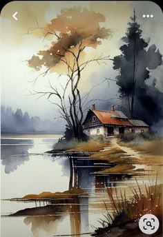 a watercolor painting of a house by the lake with trees in the foreground