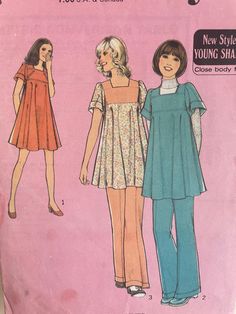 an image of a woman's dress and pants sewing pattern on a pink background