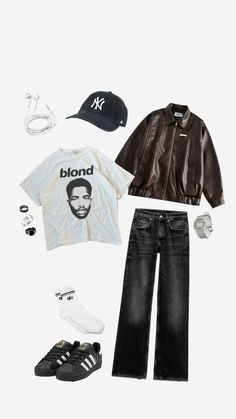 frank ocean concert blonde outfit autumn winter leather jacket acubi new york adidas aesthetic outfit inspo Frank Ocean Inspired Outfits, Frank Ocean Style Fashion, Frank Ocean Shirt Outfit, Frank Ocean Outfits Inspiration, Childish Gambino Concert Outfit Ideas, Frank Ocean Fits, Frank Ocean Aesthetic Outfits, Frank Ocean Concert Outfit, Childish Gambino Aesthetic Outfits