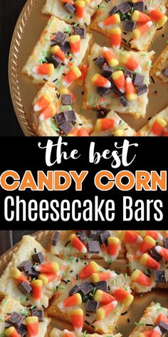 the best candy corn cheesecake bars with chocolate chips and candy on top is shown