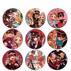 six buttons with anime characters on them