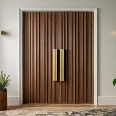 a wooden door with vertical slats on the side and a potted plant next to it