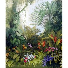 a painting of tropical plants and flowers in the jungle with sunlight coming through the trees