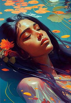 a woman floating in the water with her eyes closed and flowers in her hair,