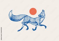 a blue and white drawing of a fox running in front of an orange sun on a white background