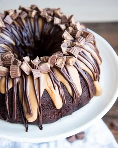 a chocolate peanut butter bundt cake on a white plate