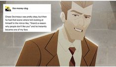 an animated image of a man in a suit and tie, with the caption'charlie duplass was pretty ugly, but then he looked like looking at him