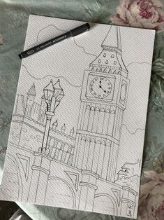 a drawing of the big ben clock tower in london, england with a pen on it