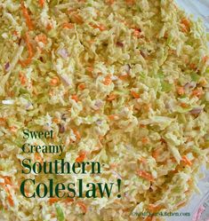 a close up of a plate of coleslaw on a table with text overlay