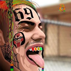 a man with his face painted in different colors and hair sticking out of his tongue