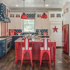 an american flag kitchen with red, white and blue chairs