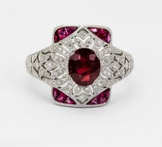 1.52CT Art Deco Ruby and Diamond Platinum Ring Antique Look, Natural & Handmade. Model Number: SDL1650WY Art Deco Diamond Rings, Ruby Diamond Rings, Antique Diamond Rings, Platinum Diamond Rings, Studded Necklace, Ring Antique, No Heat, Deco Jewelry, Platinum Ring