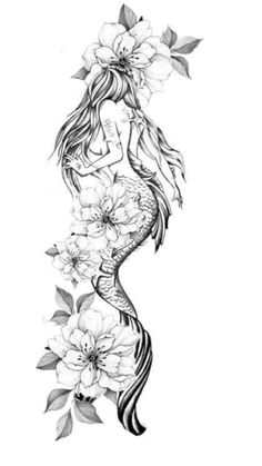 a drawing of a mermaid with flowers in her hair